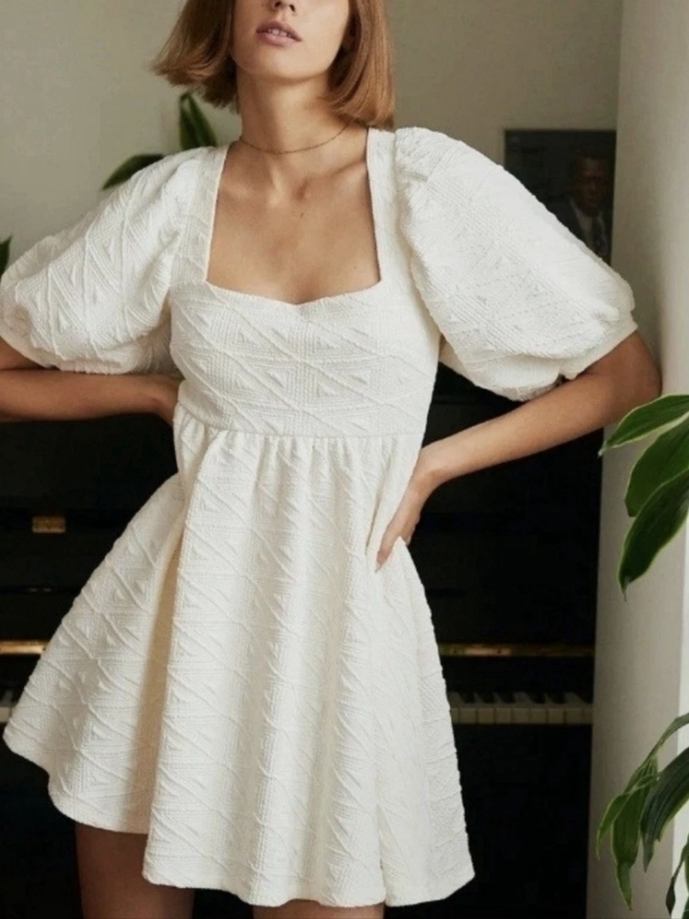 Free People Violet Mini Babydoll Dress Puff Sleeves Square Neckline Size Large